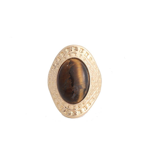 PLOUTOS Elegant Vintage Oval stone Statement Ring for Women Gold Tone Beaded Edge Cocktail Style Gift Party Jewelry Fashion Glamorous - color: Gold H