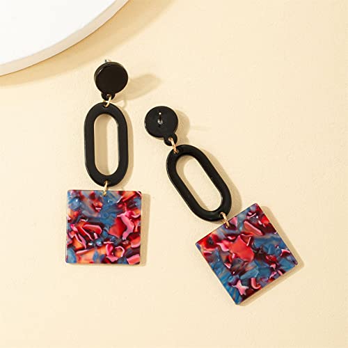 MALOYANVE Acrylic Earrings for Women Trendy Fashion Bohemian Retro Multicolor Mottled Resin Lightweight Geometric Hollow Dangle Drop Statement Post Earrings - color: Blue Square