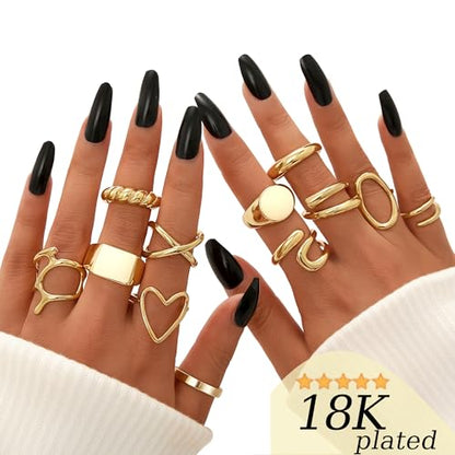 FAXHION 12PCS Gold Stackable Rings Set for Women, 18K Gold Plated Open Stacking Knuckle Ring, Adjustable Chunky Signet Band Statement Ring for Gift - color: 1-Gold-12pcs