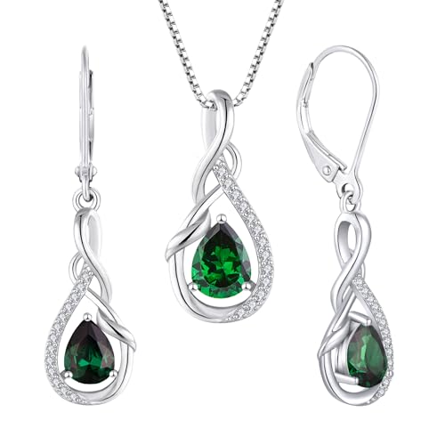 STARCHENIE 925 Sterling Silver Necklace Dangle Earrings for Women Infinity Twisted Teardrop Pendant May Birthstone Created Emerald Jewelry Set
