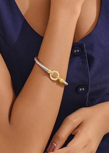WOWORAMA Twisted Cable Wire Bracelets Two Tone Bangle Bracelet for Women | Stainless Steel, Unisex Gold Silver Bracelet, Mixed Metal Chunky Bangles Jewelry - color: Silver Circle