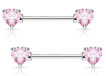 Forbidden Body Jewelry Pair of Surgical Steel 1/2-5/8 Inch (12-16mm) Cubic Zirconia Crystal Double Heart Nipple Barbells - style: Pink