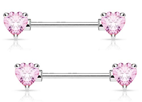 Forbidden Body Jewelry Pair of Surgical Steel 1/2-5/8 Inch (12-16mm) Cubic Zirconia Crystal Double Heart Nipple Barbells - style: Pink