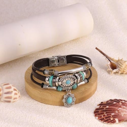 INENIMARTJ Western Turquoise Leather Wrap Bracelets for Men Women Boho Multilayer Turquoise Cuff Wrap Bracelet Western Bracelet Jewelry for Men and Woman - color: 17coffee