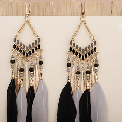 Gold Long Black Fake Feather Drop Dangle Earrings Women Statement Tassel Ethnic Beaded Earrings Hook Lightweight Boho Earrings Set Vintage Dangle Earrings Gift for Women（Black）