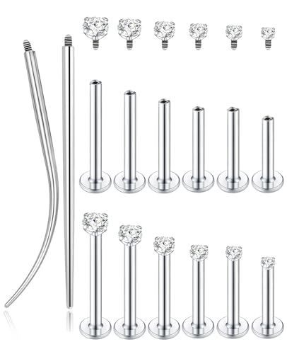 6Pairs 18K Gold Plated Internally Threaded Nose Piercing Studs Stainless Steel Lip Studs CZ Flat Back Stud Earrings Nostril Labret Conch Cartilage Earrings Helix Tragus 6/7/7/8/10/12mm 16G 18G - color: Silver, size: 16G