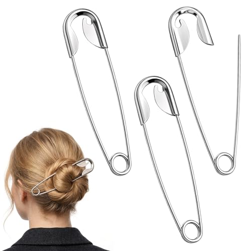 3 Pcs Safety Pin Hair Clip, Metal Hair Pins for Women Giant Pin Shape Design Stick French Style Hairs Stick Clips for Vintage Hairstyle Accessories - color: Silver