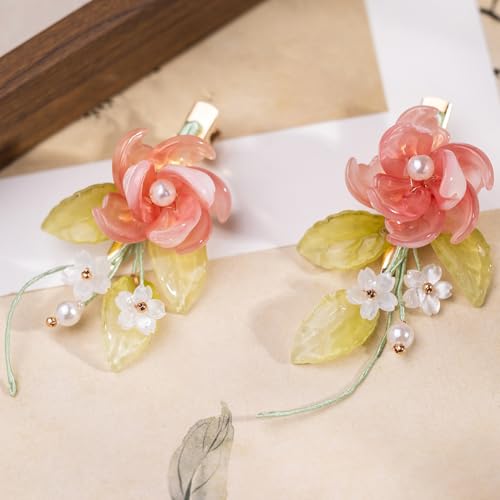 A Pair Wedding Hair Clips, Handmade Floral Design Crystal Hair Clips Pearl Barrettes, Rhinestones Flower Clips Pearl Headpieces Hair Pins Hair Accessories for Women Girls (Green&Pink) - color: Green&Pink