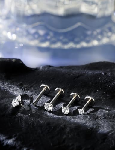 18G 16G Internal Thread Flat Back Nose Stud Earrings Surgical Steel Conch Tragus Cartilage Medusa Monroe Labret Lip Rings Piercing Jewelry for Women Men CZ Silver Black Gold Hypoallergenic - color: Silver, size: 16g