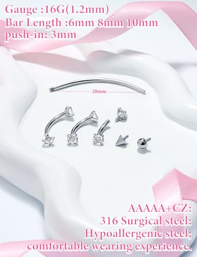 Prjndjw Internally Threaded Eyebrow Piercing Jewelry Surgical Steel Curved Barbell Tiny Eyebrow Ring Vertical Labret Lip Jewelry Ear Rook Earrings for Women Men 20g 16g 6mm/8mm/10mm/12mm - color: Silver internal thread 16G Curved Bar Piercing Jewelry