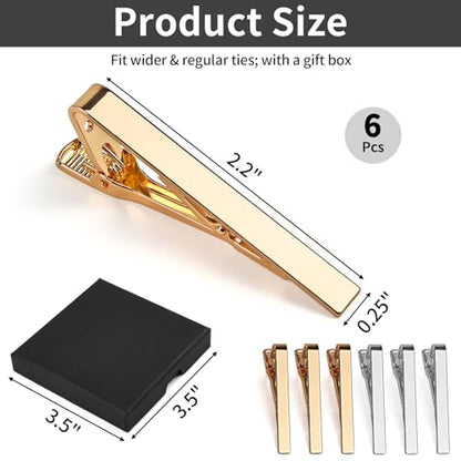 MOWPOG 6 Pcs Tie Clips for Men, Tie Bar Pins Tacks with Gift Box | Copper, Shiny & Glossy, for Father, Husband, Boyfriend, Business, Wedding, Suit Accessories, Easy to Open, Won't Fade/Scratch - color: 3 Gold + 3 Silver