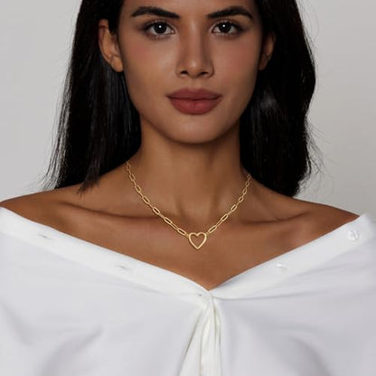 HERIER Cute Heart Necklace Dainty 18k Gold Plated Tiny Heart Pendant Choker Necklaces Small Gold Love Open Heart Chain Necklace for Women Simple Gold Necklace for Women Trendy Jewelry - color: Paperclip Heart-Gold