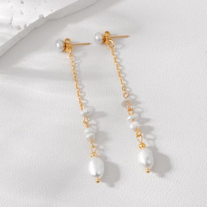 Gold Dangle Earrings for Women, 14K Threader Long Chain Drop Earrings Dangling Dainty Elegant Ear Chain with Tassel and Cubic Zirconia for Wedding Trendy Jewelry Gifts - color: Pearl Tassel
