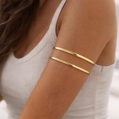 14K Gold Plated Arm Cuff for Women, Waterproof Adjustable Open Upper Arm Bracelet (Armlet), Non Tarnish Hypoallergenic Minimalist Trendy Arm Jewelry for Summer Beach Outfit Gift for Women - style: Style02