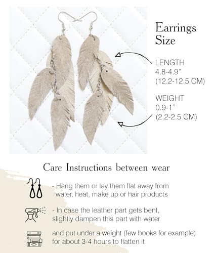 Leather Feather Earrings, Suede layered earrings, boho wedding jewelry, summer earrings, gift for her, dangle earrings - color: cream