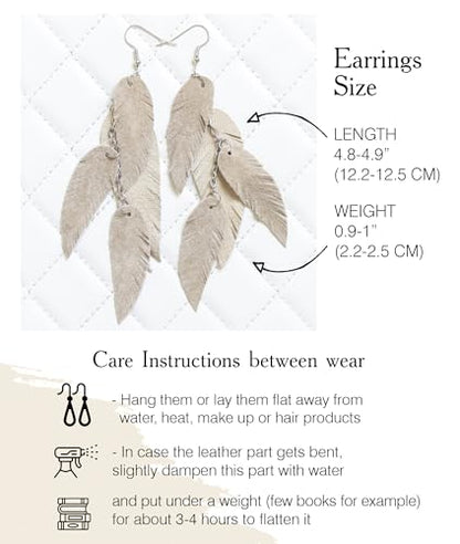 Leather Feather Earrings, Suede layered earrings, boho wedding jewelry, summer earrings, gift for her, dangle earrings - color: cream