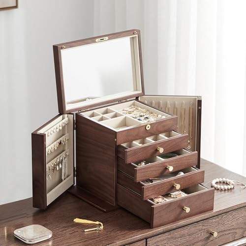 Black Walnut Wooden Jewelry Box Wood Jewelry Organizer with 2 Side Doors Mirror Lockable Classical Style for Watch Necklace Ring Earring Storage, Ideal Gift for Women-5 Layer - style: 5 Layer (Full Lock)