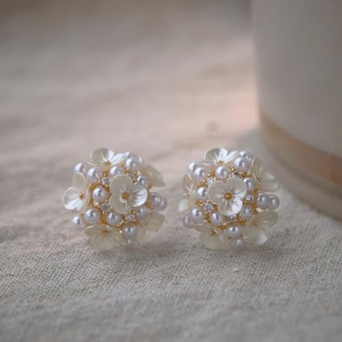 Clip-On Earrings for Womem Flower Faux Pearl Non Piercing Earrings Jewelry - color: Pearl and Flower Cluster