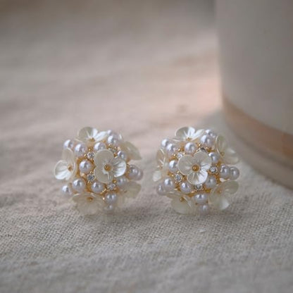 Clip-On Earrings for Womem Flower Faux Pearl Non Piercing Earrings Jewelry - color: Pearl and Flower Cluster