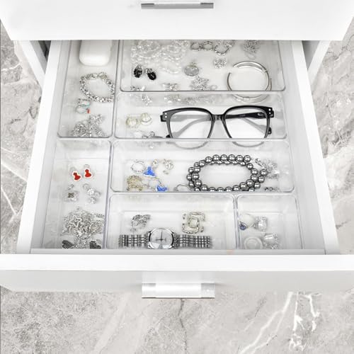 Manalete Drawer Organizers Set of 65, 4 Sizes Clear Plastic Drawer Organizers and Storage Bins for Kitchen, Bathroom, Office, Dresser Desk Drawer Organizer Tray for Jewelry, Makeup, Junk, Gadgets - size: 65Pack(0-0-5-10-22-28)