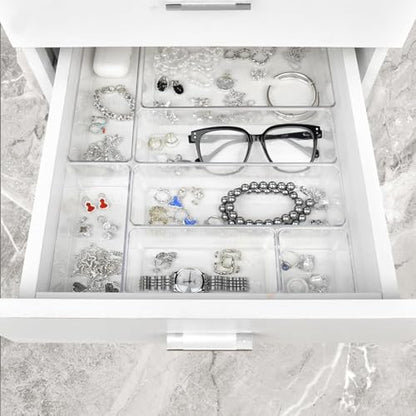 Manalete Drawer Organizers Set of 65, 4 Sizes Clear Plastic Drawer Organizers and Storage Bins for Kitchen, Bathroom, Office, Dresser Desk Drawer Organizer Tray for Jewelry, Makeup, Junk, Gadgets - size: 65Pack(0-0-5-10-22-28)