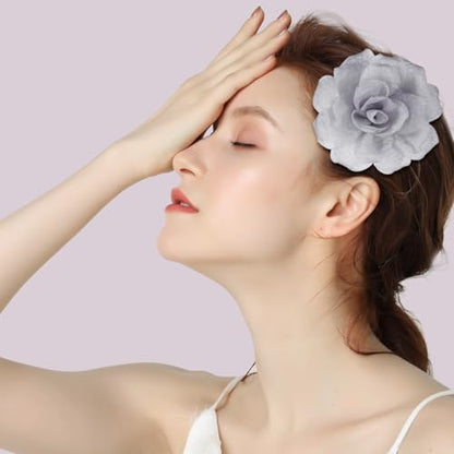 Rose Flower Brooches and Clips for Women | Light Gray Brooches with Hair Clip | Lapel and Hat Pins, 3.1 Inches - color: Light Gray