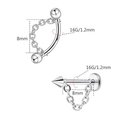 5 Pcs 316L 16G Lip Rings Snake Bite Jewelry Eyebrow Rings Tragus Helix Rook Piercing Jewelry with Chain, Stainless Steel Cartilage Earrings, Belly Button Ring Vertical Labret Lip Piercing Set - color: Silver:8mm