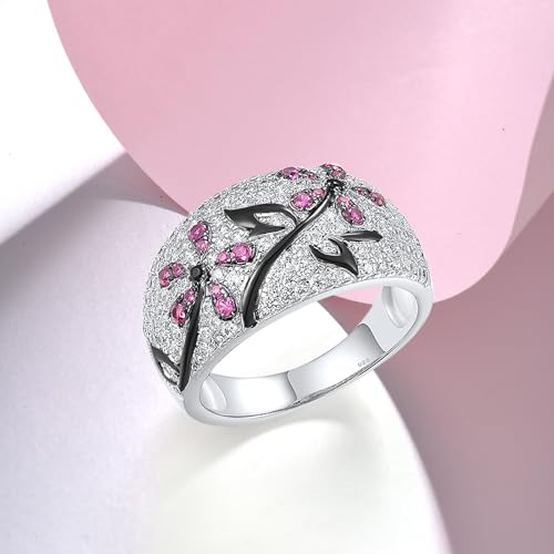 Santuzza 925 Sterling Silver Cherry Ring Cubic Zirconia Tree Branches Ring for Women - color: Orchid