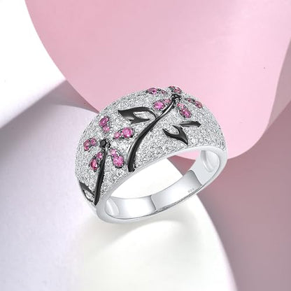Santuzza 925 Sterling Silver Cherry Ring Cubic Zirconia Tree Branches Ring for Women - color: Orchid