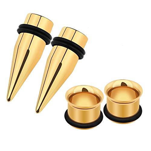 9mm 11mm Ear Gauges Plugs Tunnels Taper Stretching Kit Stainless Steel Expander Piercing Jewelry with O-ring 2 Pairs - color: Gauge=9mm,Gold Plated