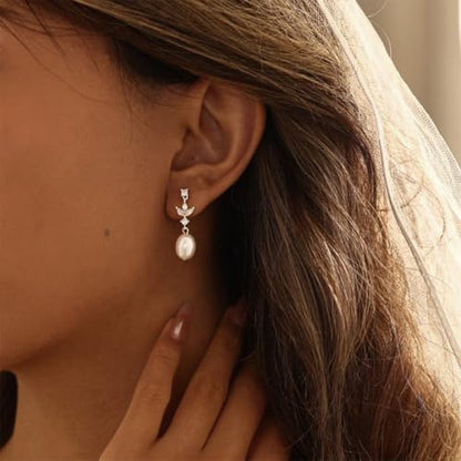 Pearl Earrings for Women:Gold Wedding Dangle Drop Earring Pearl Jewelry | 14K Gold Plated Pearl Drop Earrings for Women,Dainty Wedding Bride Earring Studs,Gold Dangle Drop Earring,Waterproof Jewelry - size: 1 pcs-11