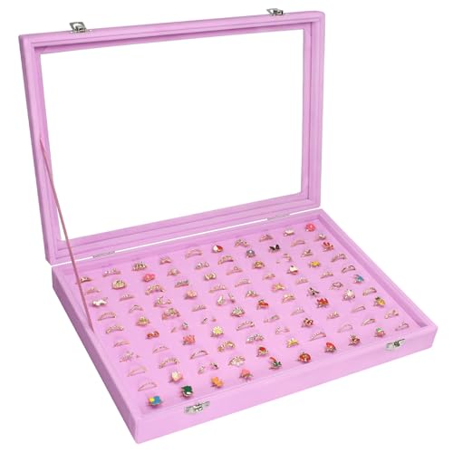 Vicoter 100 Slots Ring Organizer Tray,Velvet Ring Box with Clear Lid | Velvet Lining Provides Protection,Fits Rings of Various Sizes,Glass Lid Jewelry Tray,for Personal Use and Ring Display Pink - color: Pink