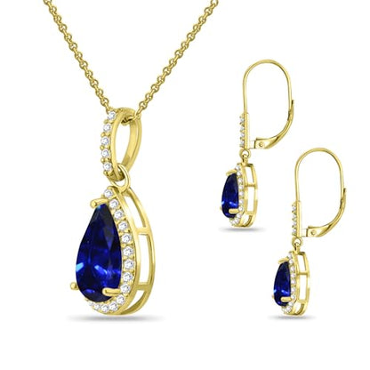 Jewelry Sets for Women, Necklace and Earring Sets for Women, Birthstone Jewelry, Genuine or Synthetic Gemstones, Teardrop Necklace and Dangle Earrings, Pendant Necklace, Sterling Silver Jewelry - color: Created Blue Sapphire - Yellow Gold