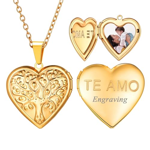U7 Women Locket Necklace, Heart Photo Lockets Hold Picture, Gift Box Packed | Gold/Silver/Rose Locket Charm, Custom Picture and Engravement Heart Pendant, 20" Chain, Personalized Gift for Mom Wife Friend - color: 04# Gold(Tree of Life)