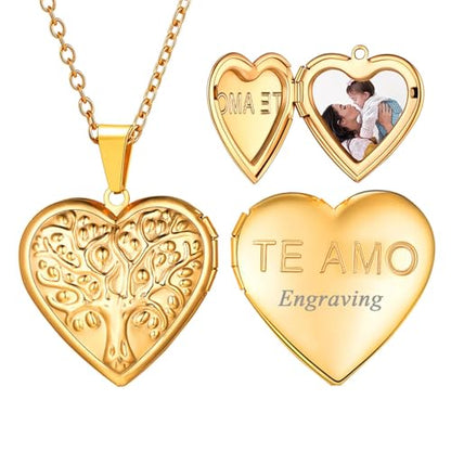 U7 Women Locket Necklace, Heart Photo Lockets Hold Picture, Gift Box Packed | Gold/Silver/Rose Locket Charm, Custom Picture and Engravement Heart Pendant, 20" Chain, Personalized Gift for Mom Wife Friend - color: 04# Gold(Tree of Life)