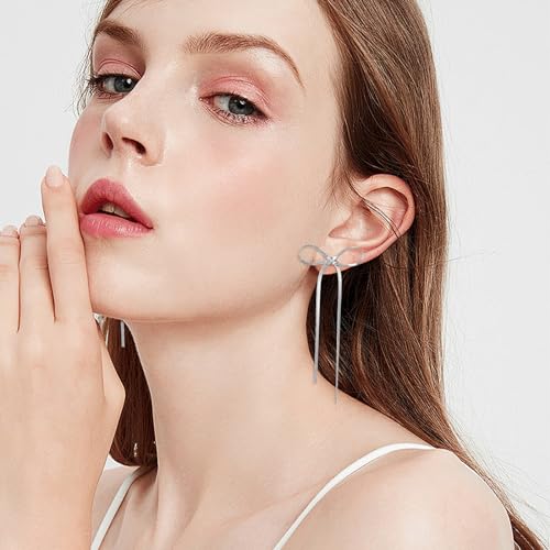 Gold Silver Bow Drop Earrings for Women Long Tassel Chain Bow Earrings Ribbon Bowknot Dangle Earrings Jewelry Gifts - color: Silver Bow A