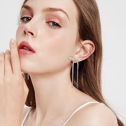 Gold Silver Bow Drop Earrings for Women Long Tassel Chain Bow Earrings Ribbon Bowknot Dangle Earrings Jewelry Gifts - color: Silver Bow A