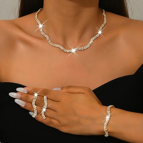 Gold Rhinestone Jewelry Set for Women Crystal Choker Necklaces Drop Earrings Adjustable Bracelet Elegant Prom Bridal Jewelry - color: Gold