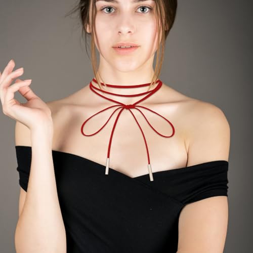 Red Choker Necklace Gothic Bow knot Choker for Women Velvet Long Wrap Rope Collar Tie Neck Chain with Gold Tube Ribbon Suede Jewelry for Party Prom