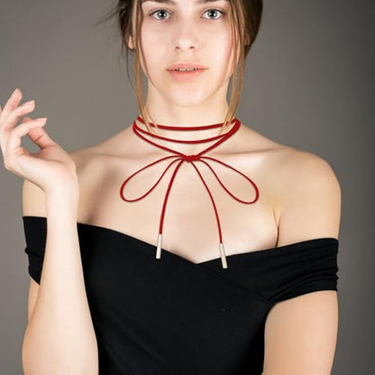 Red Choker Necklace Gothic Bow knot Choker for Women Velvet Long Wrap Rope Collar Tie Neck Chain with Gold Tube Ribbon Suede Jewelry for Party Prom