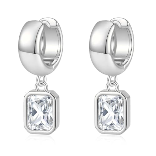 Gold Chunky Dangle Earrings for Women, Bezel Set Cubic Zirconia Charm | 14K Gold Silver Plated, Statement Huggie Hoops Drop Earrings, Trendy Jewelry Gifts, High Grade CZ, Hypoallergenic Lightweight - color: SL-Rectangular CZ Hoop