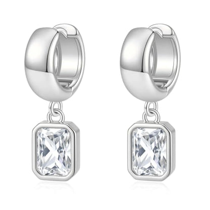 Gold Chunky Dangle Earrings for Women, Bezel Set Cubic Zirconia Charm | 14K Gold Silver Plated, Statement Huggie Hoops Drop Earrings, Trendy Jewelry Gifts, High Grade CZ, Hypoallergenic Lightweight - color: SL-Rectangular CZ Hoop