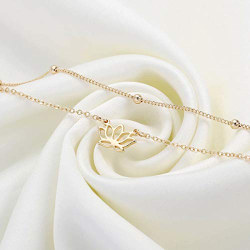 Dainty Gold Bracelets for Women, 14K Gold Plated Adjustable Layered Beads Bracelet Cute Evil Eye Oval Chain Pearl Bar Turtle Gold Bracelets for Women Jewelry - style: Lotus&Beads Chain