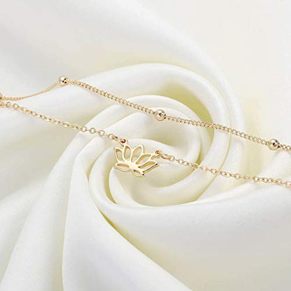 Dainty Gold Bracelets for Women, 14K Gold Plated Adjustable Layered Beads Bracelet Cute Evil Eye Oval Chain Pearl Bar Turtle Gold Bracelets for Women Jewelry - style: Lotus&Beads Chain
