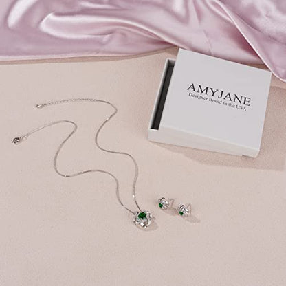 AMYJANE Bridal Jewelry Set for Women - Crystal Cubic Zirconia Love Knot Necklace Stud Earrings Elegant CZ Jewelry Set for Wedding Bride Bridesmaids Gift Set - color: Emerald(14k White Gold Plated)