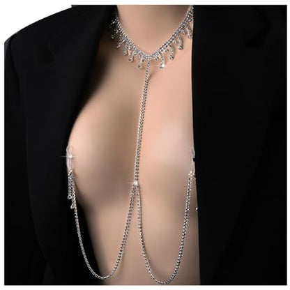 Rhinestone Tassel Choker Necklace Sexy Non Piercing Nipple Jewelry Summer Beach Chest Body Chain Crystal Nipple Body Accessories Jewelry for Women - color: Silver