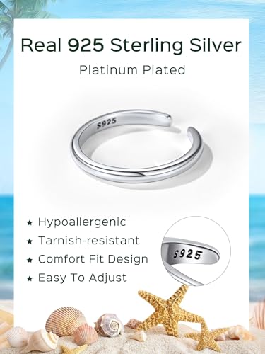 ChicSilver Toe Rings for Women 925 Sterling Silver Adjustable Toe Ring | 925 sterling silver, hypoallergenic for sensitive skin, adjustable open band, summer beach wear gift - color: E: 2mm Thin(1 pc)