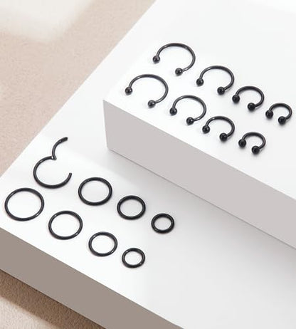 16PCS Surgical Stainless Steel Hinged Clicker Segment Horseshoe Septum Lip Eyebrow Rings 16G Nose Ring Hoop Cartilage Helix Conch Tragus Rook Daith Earrings Piercing Jewelry for Women Men 6mm 8mm 10mm 12mm - color: Black Tone