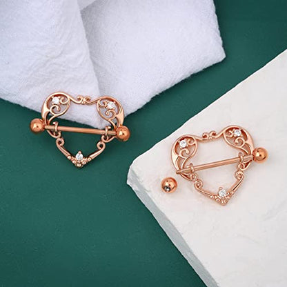 14G Heart Nipple Rings for Women Surgical Steel CZ Nipple Piercings Nipple Barbells Nipple Bars Gold Silver Rose Gold - color: Rose Gold