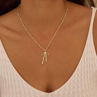 Thaivor Necklace for Women Dainty Bow Necklace 14K Gold Plated Cute Choker Small Pendant Charm Necklaces Teen Gift Trendy Stuff Personalized Jewelry Gifts - color: Gold-Bead-5